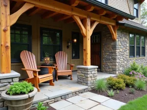 Rustic Mountain Retreat - A cozy mountain-style front patio with natural flagstone, timber beam pergola, Adirondack chairs, and native wildflowers in rustic containers