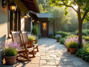 Rustic Stone Paver Patio - Front patio of a ranch home with natural stone pavers, rustic wooden rocking chairs, potted lavender plants, and a vintage copper lantern, warm afternoon lighting