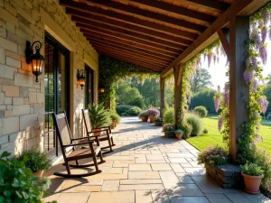 Rustic Stone Front Patio with Timber Pergola - A welcoming front patio with weathered stone flooring, a massive timber pergola with climbing wisteria, vintage copper lanterns, and rustic wooden rocking chairs, captured in warm afternoon light