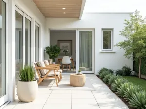 Scandinavian Front Patio Simple - A clean Scandinavian-style front patio with light wood furniture, minimalist planters, and simple greenery against white walls