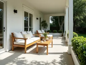 Scandinavian Minimalist Space - Clean-lined front patio with light wood furniture, simple white cushions, and neat rows of boxwood in white planters, bright natural lighting