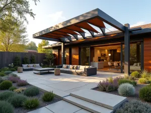 Sculptural Shade Structure - Artistic modern patio with sculptural metal shade structure, integrated seating, and drought-tolerant garden design