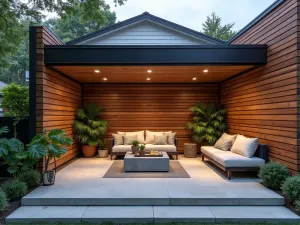 Slatted Privacy Screen - Modern front patio with horizontal wooden slat privacy screen, built-in lighting, and contemporary concrete furniture with tropical accent plants