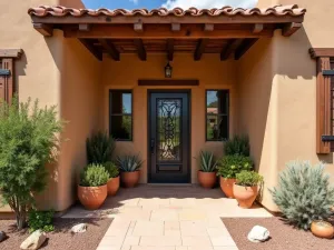 Southwest Adobe Patio - A rustic southwestern front patio with adobe walls, exposed wooden beams, terracotta tiles, and desert-adapted plants in clay pots, featuring a decorative iron gate