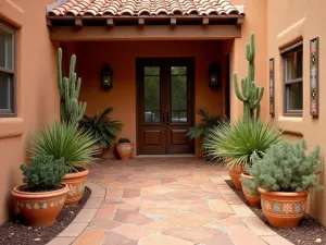 Southwest Adobe Welcome - A warm southwestern front patio with terracotta tiles, adobe walls, Mexican tile accents, and drought-resistant plants in painted ceramic pots