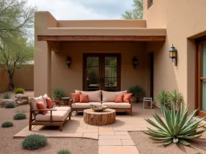 Southwest Desert Front Patio - A desert-inspired front patio with adobe walls, terra cotta tiles, native succulents, and rustic wooden furniture with earth-toned cushions