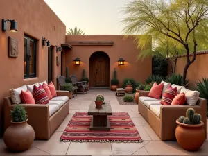 Southwest Desert Lounge - Warm front patio with adobe-style bench seating, Mexican blanket cushions, and terra cotta pots with cacti and succulents, golden hour lighting