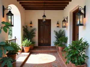 Spanish Colonial Lanterns - Spanish colonial front patio with hanging iron lanterns, terracotta tiles, whitewashed walls, Mediterranean plants