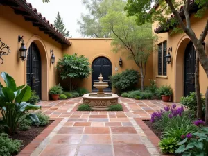 Spanish Revival Front Courtyard - A Spanish-style front courtyard patio with saltillo tiles, featuring Mediterranean plants, a carved stone fountain, and wrought iron details