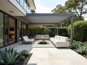 Suspended Pergola Design - Ultra-modern front patio with suspended steel pergola, white outdoor furniture, and large format porcelain tiles bordered by sculptural succulents