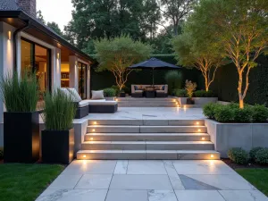 Terraced Modern Entry - Terraced front patio with angular concrete steps, integrated LED lighting, and dramatic sword-like plants in black architectural planters