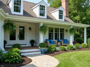 Traditional Ranch Veranda - Classic ranch home with a wraparound front patio, white columns, hanging Boston ferns, traditional wicker furniture with blue cushions, photorealistic