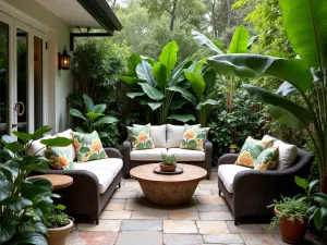 Tropical Front Patio Oasis - A lush tropical front patio with natural stone pavers, featuring bird of paradise plants, colorful crotons, and comfortable wicker furniture with tropical print cushions