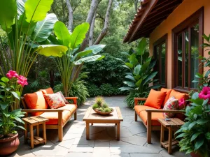 Tropical Paradise Entry - A lush tropical front patio with natural stone flooring, bird of paradise plants, colorful hibiscus, and teak furniture with bright cushions