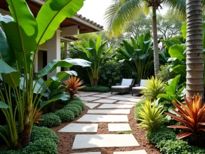 Tropical Paradise Front Patio - A lush front yard patio surrounded by tropical plants, featuring natural stone pavers, bird of paradise plants, palm trees, and colorful bromeliads