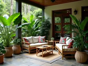 Tropical Paradise Setting - Lush front patio with bamboo furniture, tropical print cushions, and large planters filled with bird of paradise and palm plants, natural jungle atmosphere