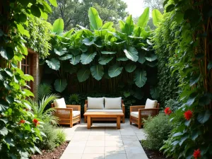 Tropical Paradise Privacy Screen - Lush tropical plants creating natural privacy wall around front patio. Large-leafed plants and colorful flowers with teak furniture