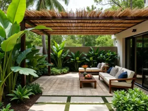 Tropical Paradise Welcome - A lush tropical front patio with a bamboo shade structure, surrounded by large-leafed plants, featuring natural stone tiles and comfortable modern outdoor furniture