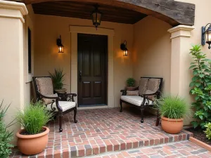 Tuscan-Inspired Rustic Patio - A rustic Tuscan-style front patio with worn brick flooring, distressed stucco walls, wrought iron furniture, and Mediterranean herbs in aged clay pots