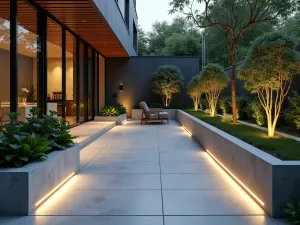 Urban Contemporary Front Patio - A sleek urban front patio with large-format porcelain tiles, featuring built-in concrete planters with architectural plants and LED strip lighting