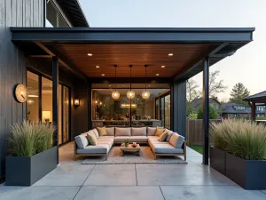 Urban Industrial Welcome - An industrial-style front patio with steel and wood shade structure, concrete flooring, metal planters with tall grasses, and modern lounge furniture