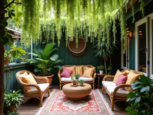 Urban Jungle Front Patio - Lush small front patio with tropical feel, wooden decking, hanging ferns, potted palms, and rattan furniture with colorful cushions, bohemian style