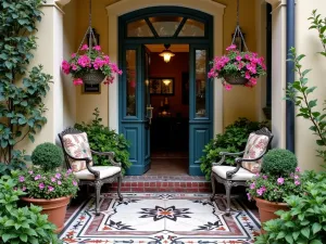 Victorian Charm Front Patio - Historic small front patio with decorative tile work, ornate cast iron furniture, hanging fuchsia baskets, and period-appropriate plantings