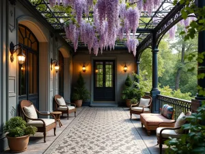 Victorian Elegance - A grand Victorian-style front patio with ornate wrought-iron shade structure, climbing wisteria, vintage-inspired furniture, and detailed tilework flooring