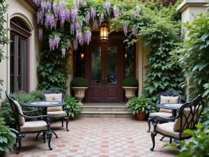 Victorian Front Patio Garden - A formal Victorian-style front patio with ornate iron furniture, climbing wisteria, traditional tiles, and classical statuary