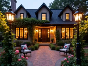 Victorian Gas Lamp Revival - Traditional front patio with restored Victorian-style gas lamp posts, climbing roses, ornate iron furniture, evening glow