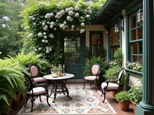 Victorian Vintage Charm - A romantic Victorian front patio with ornate iron furniture, vintage tile work, hanging ferns, and climbing hydrangeas on detailed lattice work