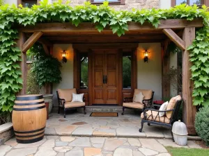 Vineyard Estate Patio - A rustic vineyard-style front patio with weathered stone flooring, oak barrel features, vintage wine country furniture, and climbing grapevines on wooden arbors