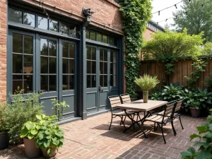 Vintage Industrial Rustic Patio - A rustic-industrial front patio with reclaimed factory windows, brick flooring, metal and wood furniture, and climbing ivy on industrial pipe trellises