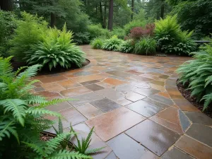 Woodland Edge Concrete Patio - A natural concrete patio with wood-grain stamped texture, surrounded by native ferns and woodland perennials, photorealistic style