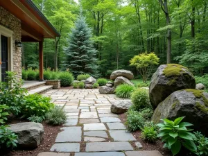 Woodland Edge Front Patio - A natural front patio with irregular flagstone, surrounded by native shade plants, woodland perennials, and featuring moss-covered boulders