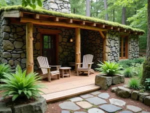 Woodland Retreat Patio - A natural woodland front patio with cedar decking, moss-covered stone walls, rustic log furniture, and native ferns in natural stone planters