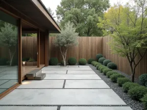 Zen Concrete Patio Garden - A serene concrete patio with smooth finish, featuring bamboo screens, cloud-pruned shrubs, and minimal gravel gardens, photorealistic style