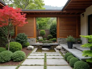 Zen Front Retreat - A peaceful Japanese-inspired front patio with a slatted wooden shade structure, natural stone pavers, potted Japanese maples, and a small bamboo water feature