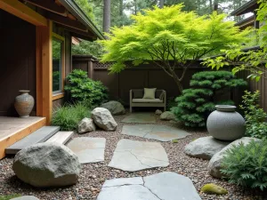 Zen Garden Entry Patio - Peaceful small front patio with natural stone pavers, Japanese maple, granite water feature, and gravel garden with carefully placed rocks and moss, Japanese design influence