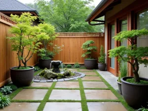 Zen Garden Entry Patio - Asian-inspired front patio with bamboo privacy screens, stone pavers with moss joints, ceramic planters with Japanese maples, and a small water feature