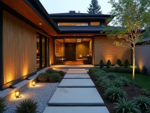 Zen Garden Path Lights - Modern Japanese-inspired front patio with bamboo screen, low voltage path lights illuminating stone steps, minimal design aesthetic