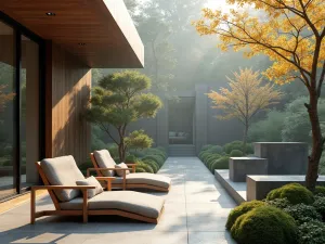 Zen Garden Seating Area - Peaceful front patio with low-profile teak furniture, stone lanterns, and minimalist planters containing Japanese maple and moss, morning mist atmosphere