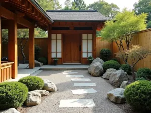 Zen Stone Path Entrance - A Japanese-inspired front patio featuring a curved stone path, wooden pergola, carefully placed boulders, manicured Japanese maples, and bamboo screens