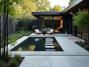 Zen Water Feature Entry - Modern front patio featuring a shallow reflecting pool with stepping stones, surrounded by black bamboo and contemporary outdoor seating