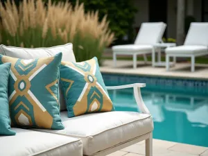 Art Deco Pool Seating - Close-up of bold geometric pattern cushions in teal and gold on white metal furniture, poolside setting with ornamental grasses