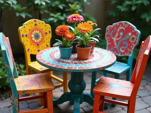 Artist's Garden Retreat - Close-up of hand-painted Acapulco chairs in rainbow colors around a mosaic table, with potted dahlias and zinnias in artistic containers