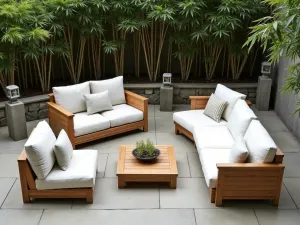 Asian Zen Garden Furniture - Aerial view of low-profile teak furniture with minimalist cushions, surrounded by bamboo plants and stone lanterns on a peaceful front patio