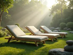 Bamboo Zen Garden Seating - Natural bamboo lounge chairs with organic cotton cushions on moss-like grass, zen garden elements, morning mist atmosphere