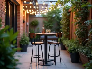 Bar Height Dining Set - Slim bar-height table with two stools, perfect for narrow patios, decorated with hanging string lights and climbing jasmine, urban contemporary style, low angle shot