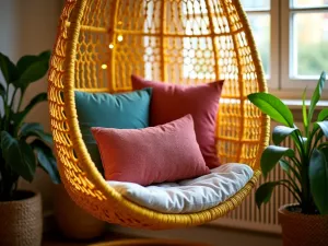 Bohemian Hanging Chair Corner - Close-up of a yellow macramé hanging chair with multicolored boho cushions, positioned in a corner with potted monstera and string lights, golden hour lighting